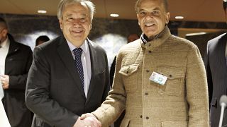 UN Secretary-General Antonio Guterres shakes hand with the Prime Minister of Pakistan Shehbaz Sharif in Geneva