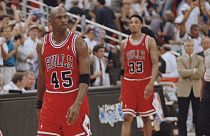 Michael Jordan and fellow Chicago Bulls player, Scottie Pippen, at an NBA basketball playoff game in Orlando (1995).