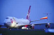 Virgin Atlantic Cosmic Girl is parked at Spaceport Cornwall, in Newquay, England,