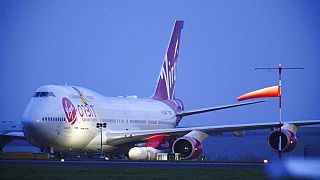 Virgin Atlantic Cosmic Girl is parked at Spaceport Cornwall, in Newquay, England,