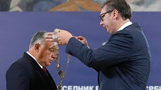 Aleksandar Vučić a Szerb Köztársaság Érdemrendjével tüntette ki Orbán Viktort 2022 szeptemberében