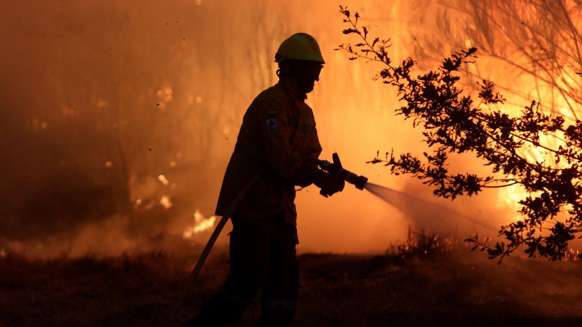 Un bombero trabaja para detener un incendio forestal en Gouveia, en la Serra da Estrela, en Portugal, el jueves 18 de agosto de 2022.