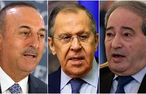 Dışişleri Bakanı Mevlüt Çavuşoğlu, Rus Dışişleri Bakanı Sergey Lavrov ve Suriye Dışişleri Bakanı Faysal Mikdad