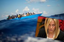Composite AP images showing migrants off the coast of Lampedusa, and Italian PM Giorgia Meloni (inset)