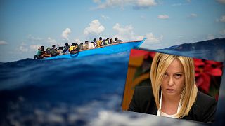 Composite AP images showing migrants off the coast of Lampedusa, and Italian PM Giorgia Meloni (inset)
