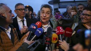 Turkish Medical Association President Dr Sebnem Korur Fincanci talks to journalists after being released from Bakirkoy women's prison in Istanbul on Wednesday.