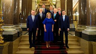 Presidential candidates pose fro a photo prior a political debate at the National Museum in Prague, Czech Republic, Sunday, Jan. 8, 2023.
