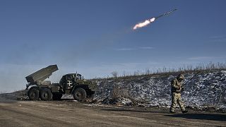 Ukrainian army Grad multiple rocket launcher fires rockets at Russian positions in the frontline near Soledar, 11 January 2023