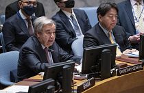 United Nations Secretary General Antonio Guterres, left, speaks alongside Hayashi Yoshimasa, Minister for Foreign Affairs of Japan. Thursday, 12 January 2023.