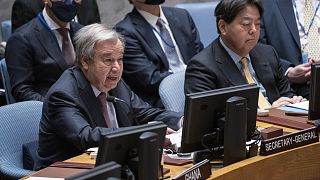 United Nations Secretary General Antonio Guterres, left, speaks alongside Hayashi Yoshimasa, Minister for Foreign Affairs of Japan. Thursday, 12 January 2023.