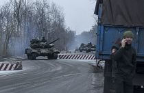 Ukrainian tanks roll towards the frontline in Donetsk region, Ukraine, Thursday, Jan. 12, 2023. (AP Photo/Evgeniy Maloletka)