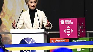 European Commission President Ursula von der Leyen at the inauguration of Esrange's new satellite launch ramp, Spaceport Esrange outside Kiruna Sweden, Friday Jan. 13, 2023. 