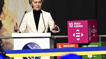 European Commission President Ursula von der Leyen at the inauguration of Esrange's new satellite launch ramp, Spaceport Esrange outside Kiruna Sweden, Friday Jan. 13, 2023. 