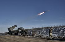A Ukrainian army Grad multiple rocket launcher fires rockets at Russian positions on the frontline near Soledar, 11 January 2023