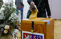 Çekya'da cumhurbaşkanlığı seçiminde oy verme işlemi başladı. Pruhonice'de köpeğiyle birlikte oy vermeye gelen bir kadın