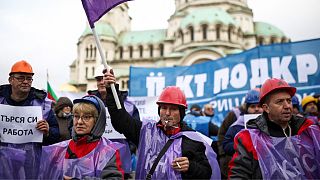 Miners and utility workers protest against EU commitments to phase out coal and cut energy sector greenhouse gas emissions, in Sofia, Bulgaria, 12 January 2023.