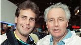 Robbie Knievel, left, poses with his famous father, Evel Kneivel, at a New York news conference in 1989