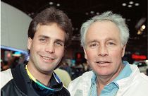 Robbie Knievel, left, poses with his famous father, Evel Kneivel, at a New York news conference in 1989