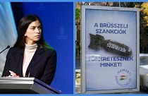 Szentkirályi Alexandra kormányszóvivő és egy nemzeti konzultációt hirdető plakát