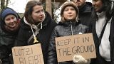Les activistes climatiques Greta Thunberg et Luisa Neubauer visitent le camp de Lützerath en Allemagne, le 13 janvier 2023. 