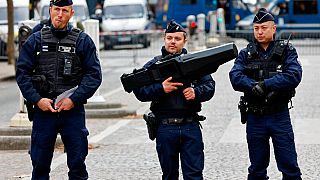 French police officers stand guard with an anti-drone gun, centre, during ceremonies Friday Nov.11, 2022.
