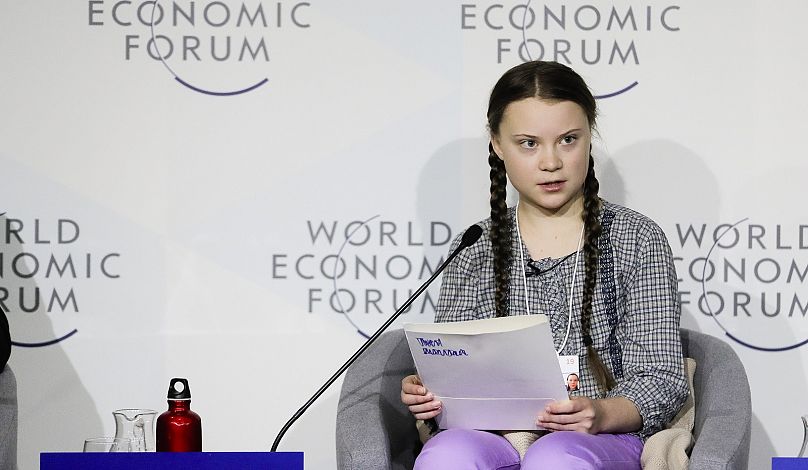 Climate activist Greta Thunberg speaking on a panel at Davos in 2019.