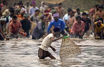Des villageois participent à une pêche communautaire à Panbari, en Inde (14/01/2023)