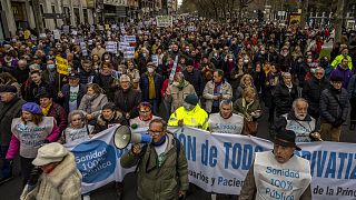 People gather during a protest in support of public health care in Madrid, Spain. Sunday, 15 January 2023.
