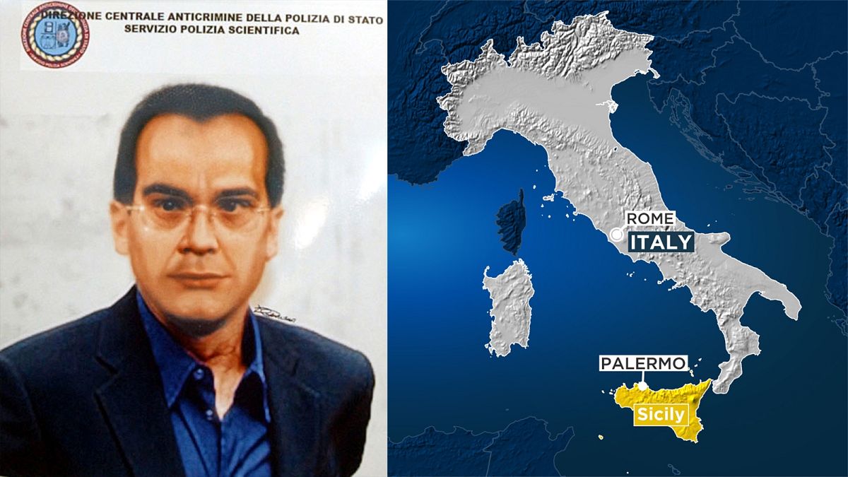 Composite image of arrested Mafia boss Matteo Messina Denaro and map of Italy