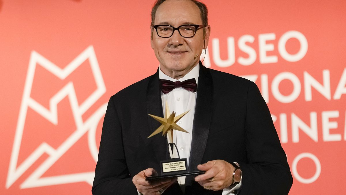 Actor Kevin Spacey poses with his Lifetime Achievement Award at the National Museum of Cinema in Turin - Monday 16 Jan.