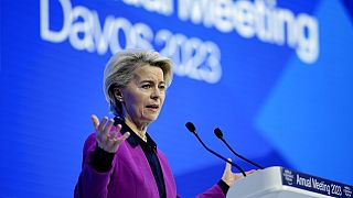 EU Commission President Ursula von der Leyen delivers a speech at the World Economic Forum in Davos, Switzerland, Jan. 17, 2023.