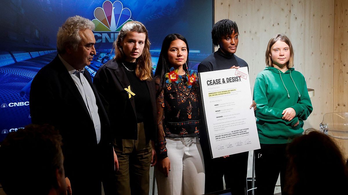 Greta Thunberg, Vanessa Nakate, Helena Gualinga and Luisa Neubauer take part in a discussion on the climate crisis with IEA head Fatih Birol on the sidelines of the WEF.