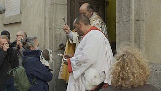 Bautismo de una mascota a las puertas de la iglesia de San Antón este lunes 17 de enero. 