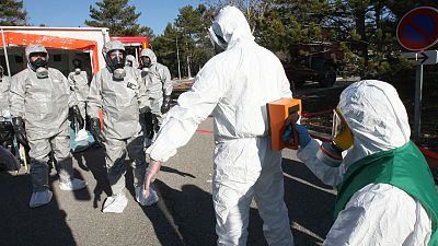 Members of the Radio Protection service wear protective suits and measure radioactivity on a person during a nuclear exercise at the CEA Cadarache, France, Jan. 17, 2012.