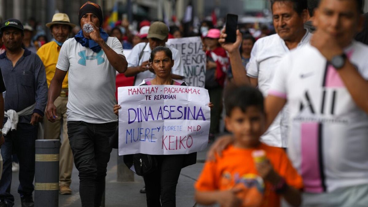 Γυναίκα κρατάει μια πινακίδα που γράφει στα ισπανικά "Dina δολοφόνος»  αναφερόμενη στην πρόεδρο Ντίνα Μπολουάρτε 