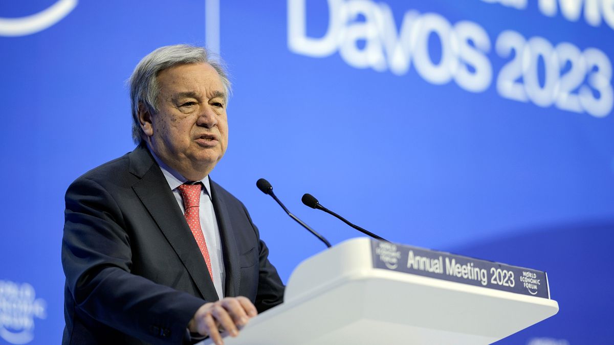 Secretary-General of the United Nations Antonio Guterres speaks at the World Economic Forum in Davos.