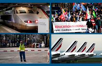 TGV à Paris, manifestation d'enseignants à Bayonne, employé d'une raffinerie pétrolière à Fos-sur-mer, avions d'Air France à Roissy (Paris) - Archives