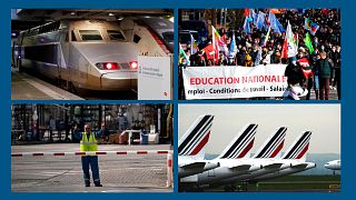 TGV à Paris, manifestation d'enseignants à Bayonne, employé d'une raffinerie pétrolière à Fos-sur-mer, avions d'Air France à Roissy (Paris) - Archives