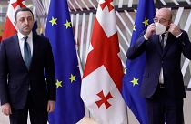 European Council President Charles Michel, right, greets Georgia's Prime Minister Irakli Garibashvili, March 2021