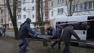 À Brovary, en Ukraine, sur les lieux du crash d'hélicoptère qui a tué le ministre ukrainien de l'Intérieur, le 18 janvier 2023
