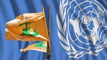 پرچم‌های سازمان ملل و جنبش حزب‌الله لبنان