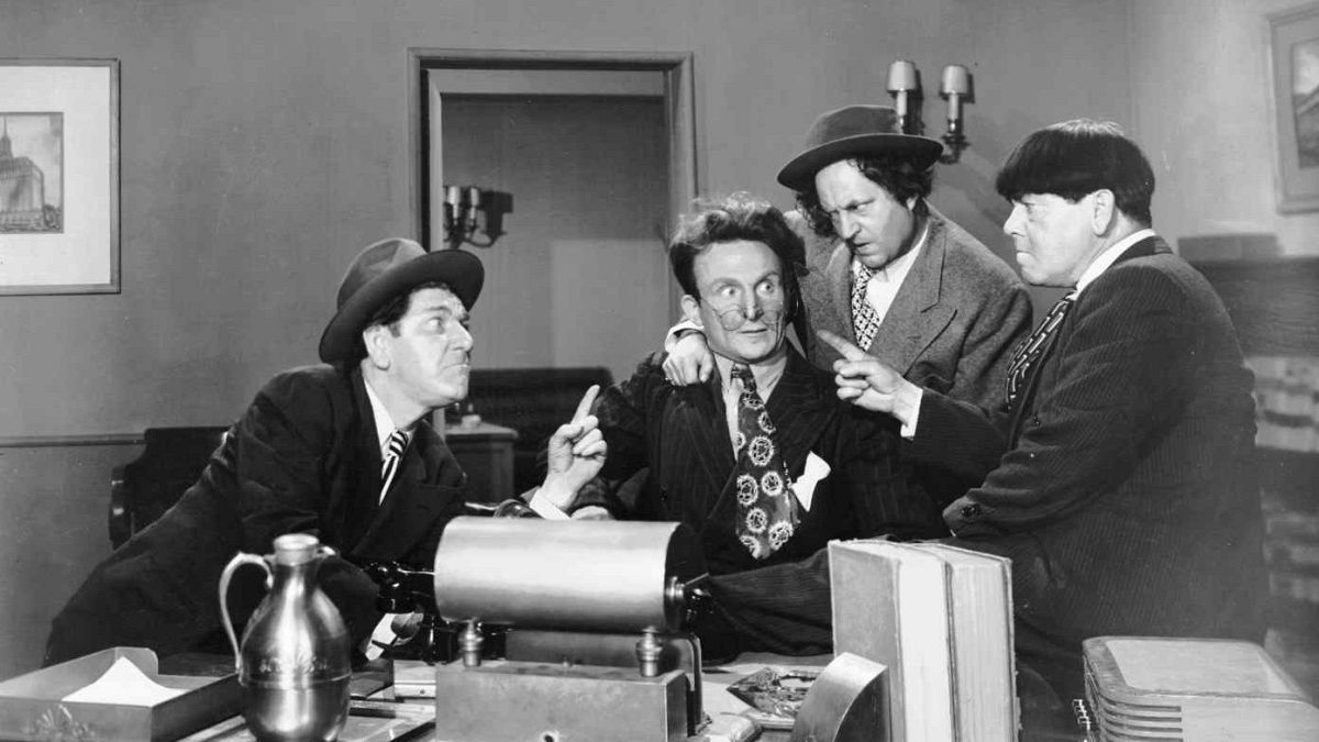 Emil Sitka, second from left, is shown in an undated studio handout photo with the Three Stooges, from left, Shemp Howard, Larry Fine and Moe Howard. 