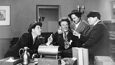 Emil Sitka, second from left, is shown in an undated studio handout photo with the Three Stooges, from left, Shemp Howard, Larry Fine and Moe Howard. 
