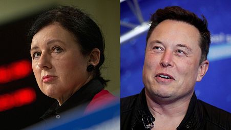 European Commission Vice-President for Values and Transparency Věra Jourová (left) and Elon Musk (right).