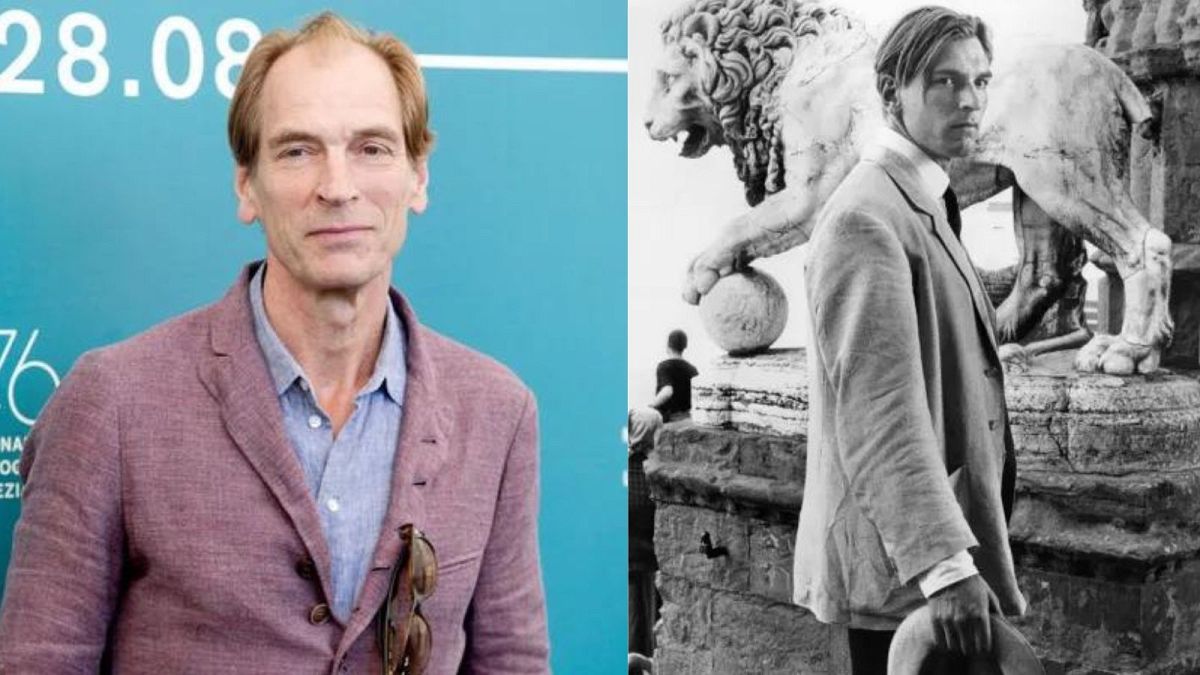 Julian Sands, pictured at the Venice Film Festival 2019 (left) - in A Room With a View (1985 - right)