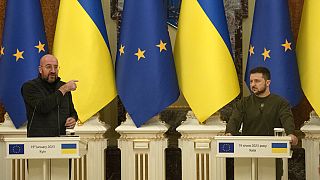 Le président du conseil européen Charles Michel et le président ukrainien Volodymyr Zelensky, à Kyiv, Ukraine, le 19 janvier 2023