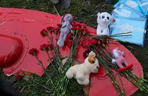 Flowers and toys are placed on a fragment of a helicopter that crashed at a kindergarten in Brovary, in the outskirts of Kyiv, Ukraine