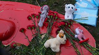 Flowers and toys are placed on a fragment of a helicopter that crashed at a kindergarten in Brovary, in the outskirts of Kyiv, Ukraine