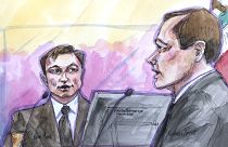في رسم قاعة المحكمة محامي المستثمرين نيكولاس بوريت (يمين) و الملياردير الأمريكي إيلون ماسك