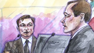 Elon Musk, avec l'avocat des actionnaires Nicholas Porritt, comparaît devant un tribunal à San Francisco, 20/01/2023